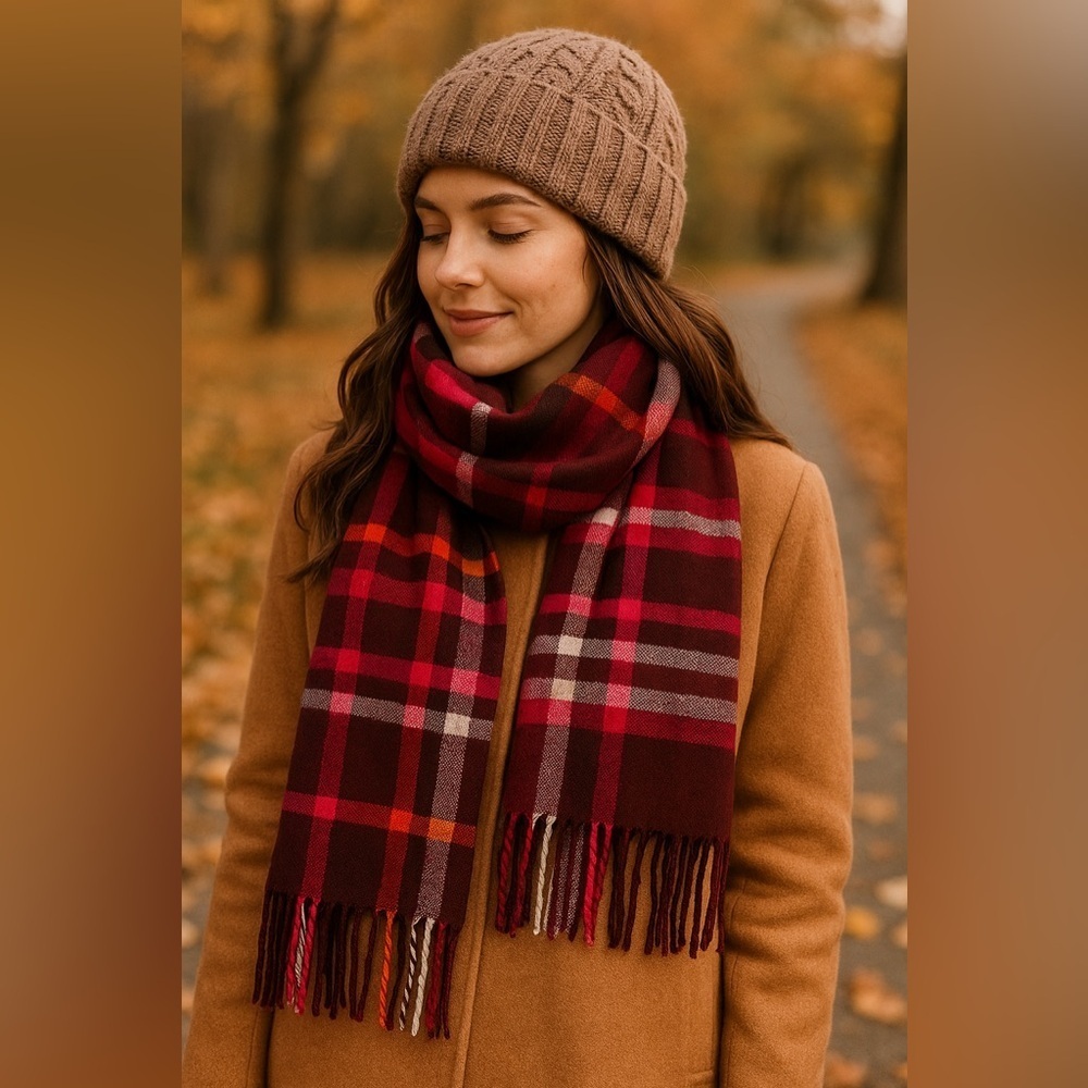 V. FRAAS Red Pink Brown Plaid Scarf Winter Wrap OS